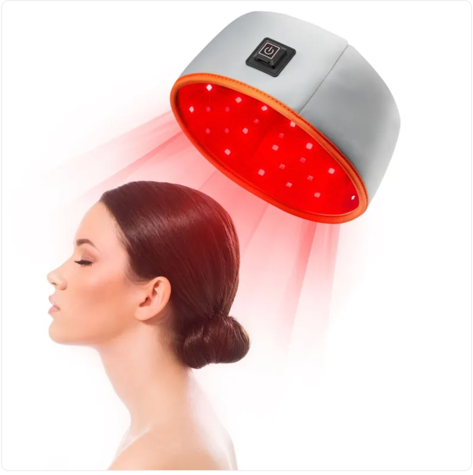 Hair treatment device emitting red light towards a woman's head on a white background