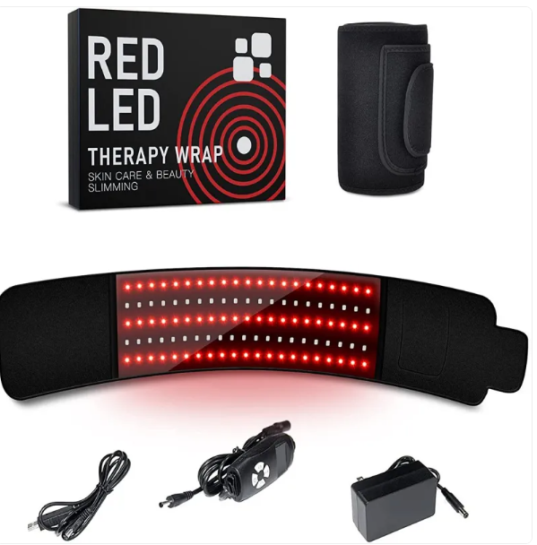 Red LED therapy wrap with packaging, cable, adapter, and power supply on a white background