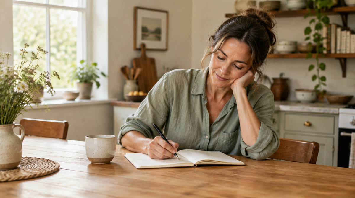 Woman writing in a journal beside a sunlit window