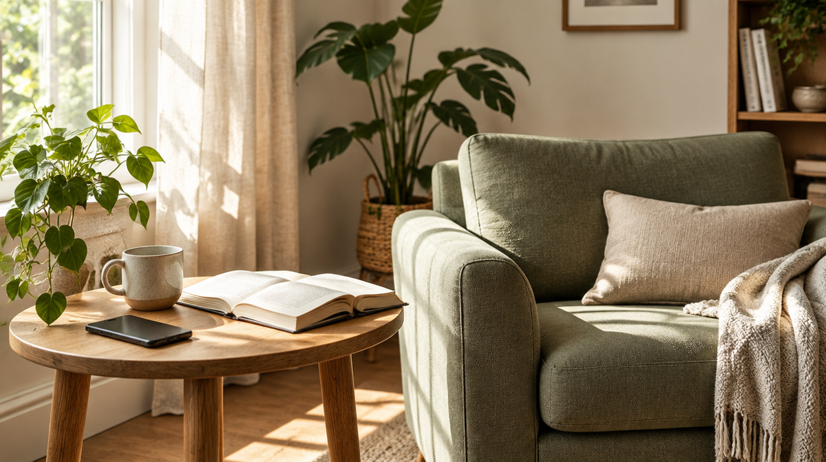Quiet reading corner with a book and a phone placed face down