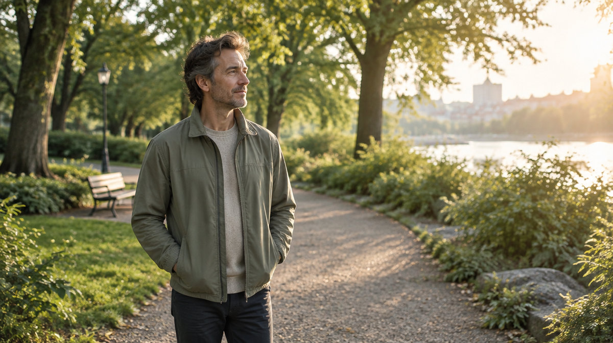 Man pausing during a morning walk in a green park
