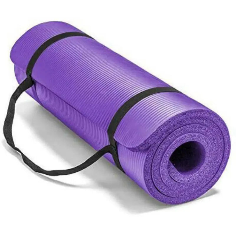 Purple yoga mat with a black carrying strap on a white background