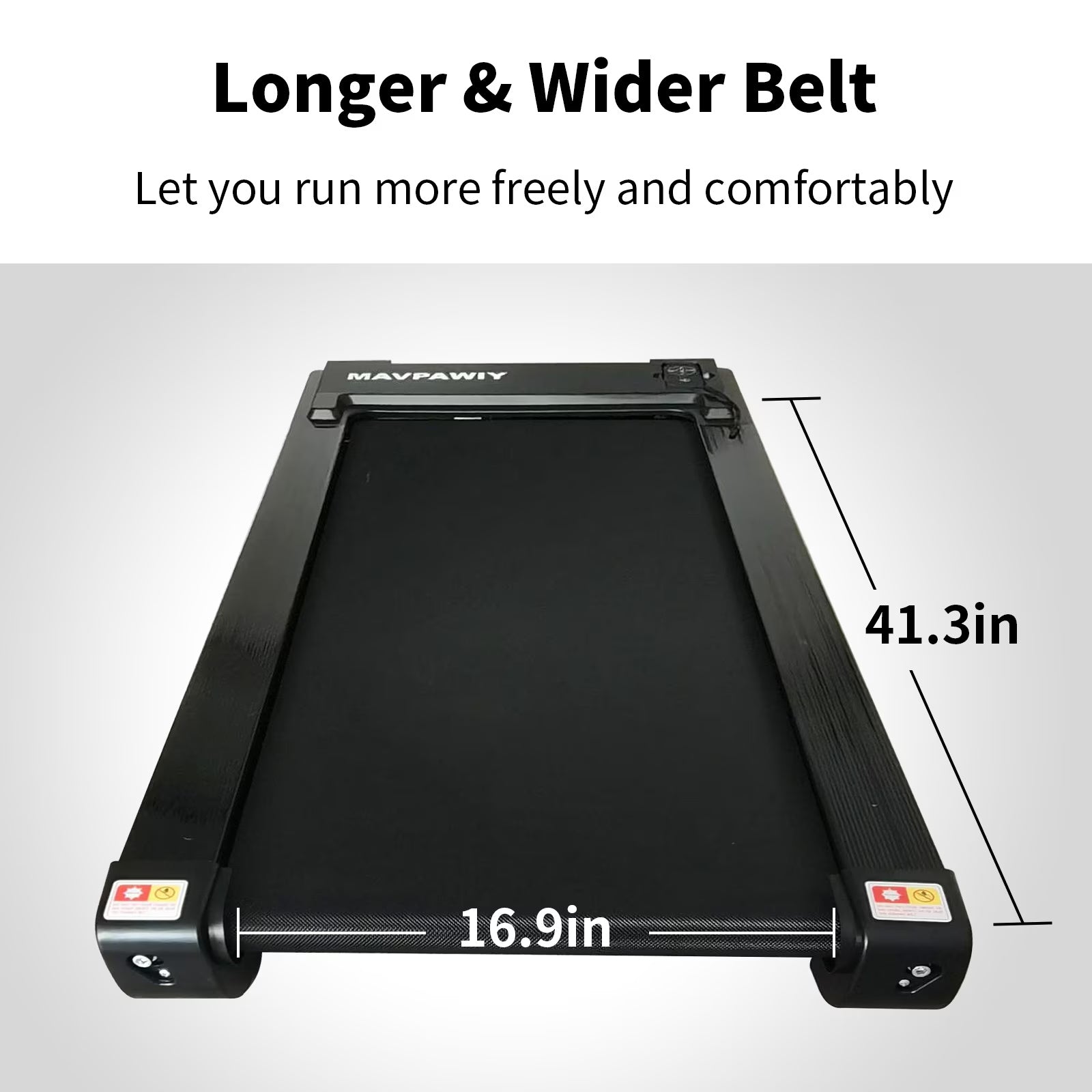 Black treadmill with dimensions labeled on a gray background