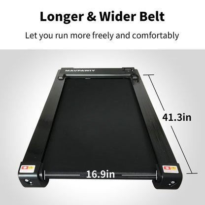 Black treadmill with dimensions labeled on a gray background