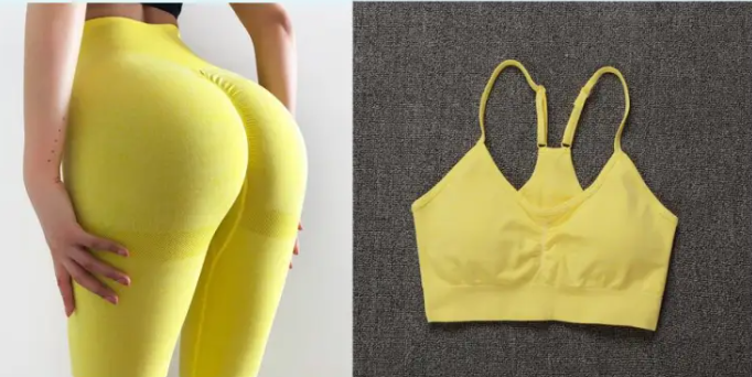 Yellow leggings on a person and yellow sports bra on a gray background
