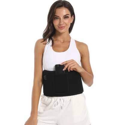 Woman wearing a black Red Light Therapy Belt with a white background
