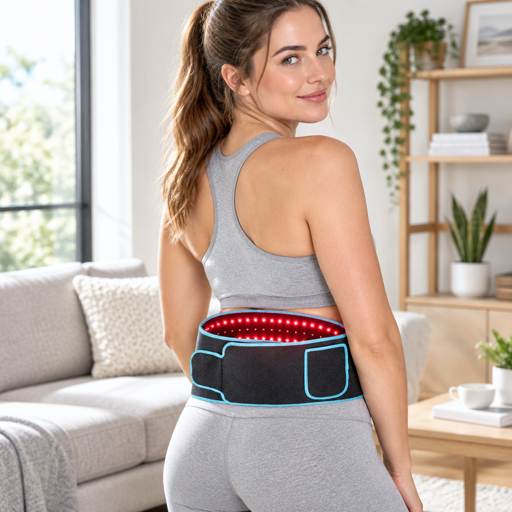BFH red light therapy belt worn at home for targeted lower-back comfort