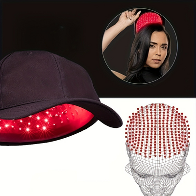 Black cap with red LED lights, inset of person wearing it, and 3D model of LED structure.
